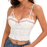 Tops Women Summer Tulip Pattern Lace Trim Bows Decoration Crop Top Sweet Girl Camis Kawaii