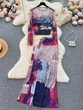 Fashion Streetwear Suits O Neck Transparent Blouse+High Waist Bodycon Skirt Women Senior Vintage Slim Two Piece
