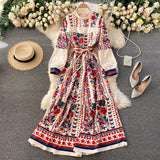 New Spring Autumn Women Fashion Outwear Bohemian Holiday Long Sleeve Standing Collar Elegant Dress Hit Color Sexy