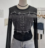 Vintage Babes Cowboy Spliced Tiring Strapped With Long Sleeves Short Mesh T-Shirt