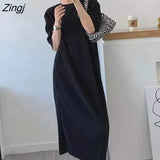 Sleeve Dress Women Summer Ulzzang New Leisure Hot Sale Simple Solid Retro Fashion L-4XL Chic Soft Elegant Mid-calf