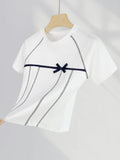 Zingj Combed Cotton White T-Shirt Women's Pure Cotton Bright Thread Design Bow Knot Rotator Sleeve Round Collar Short Sleeve Shirt