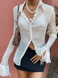 Semi Sheer Long Sleeve Pleated Blouse-Outfit