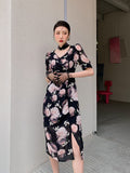 Vintage Puff Sleeve Floral Long Midi Dress Women Summer Short Sleeve Tunic Bodycon Ladies V Neck Ladies Cheongsam