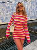 Stripe Knit Women Dress Bodycon Backless Long Sleeve 2022 Holiday Casual Summer Green Y2K Beach Mini Sexy Dresses