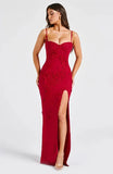 Mesh Floral Embroidered Strap Slit Midi Dress-Outfit