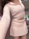 Knitted Cable Knit Zipper Hobbie Top and Mini Skirt Set-Outfit