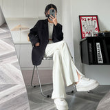 Open Fork Micro La Suit Pants Female Spring And Summer Design Feeling Vertical Feeling Straight Tube High Waist Show Thin Small Narrow Version Wide Leg Pants-Outfit