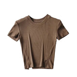 Zingj New Summer Round-Neck Tight Short Blouse Sexy Hem Split Split Short-Sleeved T-Shirt