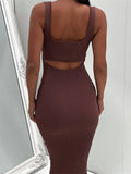 Women Knitted Ribbed Midi Dress Sleeveless Square Neck Solid Color Tank Dress Slim Backless Hollow Out Party