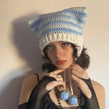 Zingj New Knitted Hat Fox Ear Devil Horn Striped Wool Hat