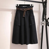 Knee Length Summer Autumn Skirt Women No Belt Casual Cotton Solid High Waist Sun School Skirt
