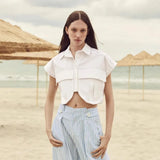 Color Women's Clothing 2025 Spring Solid Color Big Pocket Sleeveless Polo Collared Denim Shirt