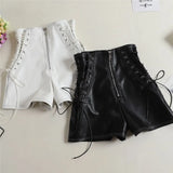 Women PU Shorts Tie High Waist Shorts Female Casual Black Shorts Ladies All Match Wide leg Shorts Short Pants