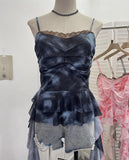 Real Shooting Atmosphere Feels A Mesh Yarn-Print Sling Vest Irregular Ribbon Splicing Lace Sleeveless Top