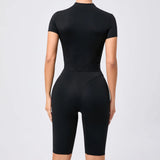 Zingj Waist Open Collar Zipper Short Sleeve Yoga Onesie Women's Net Fitness Tight Sports Onesie 41180-Outfit