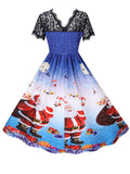 Women's Christmas Dress Short Sleeve Lace Santa Claus Print High Waist Elegant Vintage Winter Xmas Party