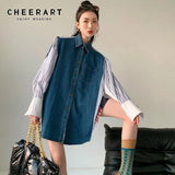 Vintage Denim Patchwork Oversized Shirt Women Long Sleeve Top And Blouse Button Up Collar Desinger Fashion
