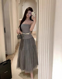 Sexy Hot Girl Suit Women's Autumn/Winter Diamond Buckle Belt Strapless Top High Waist A-line Yarn Long Skirt Two-piece