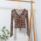 Pink V-Neck Velvet Bow Single Buckle Buckle Coat On The Head Short Long-Sleeved Mesh T-Shirt