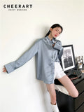 Bice Blue Button Up Satin Shirt For Women Necklace Collared Oversized Shirt Fall 2021 Womens Fashion Tops And