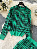 American Retro Sweater Suits Zipper Polo Collar Loose Pullover+Wide Legs Long Pants Winter Thick Geometric Women