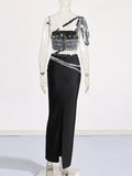 Sexy Suit 2025 New Fashion Heavy Industry Diamond Oblique Shoulder Blouse + Long Bag Hip
