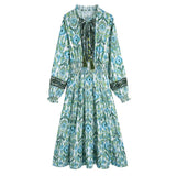 2022 Women Print Elastic Waist Maxi Dress V Neck Female Long Sleeve Elegant Office Lady Dresses Vestidos