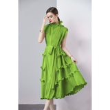 Zingj Ear Draw Pleattie Irregular Hem Belt Fold Long Dress Female Commuting Foreign Style Stand Collar