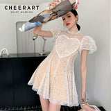 Summer 2021 Puff Sleeve White Lace Dress Women Heart Short Sleeve A Line Tunic See Through Dress Cute Kawaii