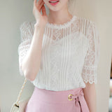Summer Elegant Temperament Shirt Women's O-neck Half Sleeve Lace Blouses Female Hollow Out Solid Color Tops Plus