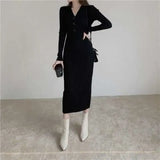 Autumn Winter Women's Woolen V-neck Knitted Party Long Sleeve White Bodycon Casual Dress Elegant Ladies Dresses