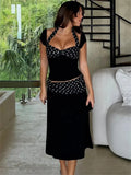 Black Polka Dot Patchwork Top And Midi Skirt Set- Outfit