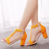 Cm Light Mouth With Beaded Square Sandals White Lace Beaded Bride Wedding Shoes Coarse Sandals
