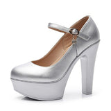 Head Buckle Waterproof Table 8CM High Heel Women's Shoes Thick-Soled Model Show Shoes Coarse Heel Work Shoes Silver Single