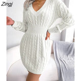 Fashion Twist Knit Sweater Dress for Women Autumn Dresses 2022 New Winter V-neck Full Sleeve Waist Pack Hip Mini