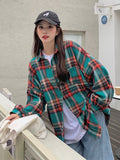 Harajuku Retro Women Oversize Plaid Shirt Spring Korean Turn Down Collar Button Long Blouse Female Long Sleeve
