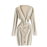 Knitted Pencil Dress Korean Long Sleeve V Neck Elastic Slim Dress Autumn Winter Sexy Bodycon Warm Sweater