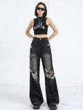 Zingj Street Black Ripped Jeans Women's New Summer Popular Logo Straight Tube Loose And Versatile Drag Wide Leg