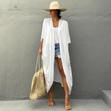 Solid Casual Retro Long Kimono Dress White Tunic Plus Size Women Clothing Becah Dress Vintage Sashes Maxi Dress