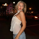 Satin Patchwork Mesh Bandage Crop Top- Outfit