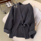Chic Autumn And Winter Leisure Lazy Wind V-Neck Single Buckle Loose Lantern Sleeve Knitted Sweater Coat