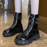 Bottom Buckle Patent Leather Short Barrel Knight Boots Girl Large Handsome Willow Thorn Tying With Thin Leather Boots