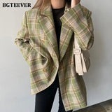 Vintage Loose Women Jacket Plaid Blazer Autumn Chic Double Breasted Female Long Suit Jackets Stylish Ladies