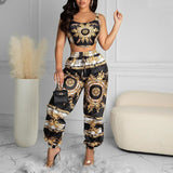Summer Women Black Clubwear Two Piece Suit Sets Sleeveless Scarf Print Crop Top &amp; High Waist Casual Long Pants