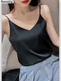 Summer Solid Sleeveless Crop Casual Camis Tank Tops Ladies V-Neck Female Vest Women Imitation Silk