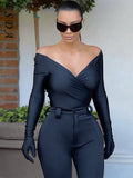 Off Shoulder 2021 Autumn Winter Long Sleeve Bodysuit Bodycon Women Sexy Black V Neck Casual Body Tops Party