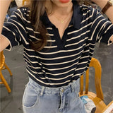 Women Tees Striped Vintage Office Lady Y2k Top V-neck Summer Harajuku BF Classic Cropped Soft Streetwear Fashion