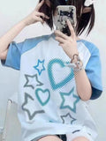 Japanese Y2k Aesthetic Heart Print T-shirt Preppy Loose Chic Sweet Tshirts Women Student Kawaii Fairy Harajuku Tee
