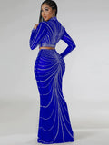 Sexy Black Shine Rhinestone Crystal Sheer Skirt Set New Women Long Sleeve Top And Maxi Skirt Suits Night
